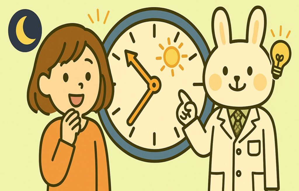 背景に大きな時計が描かれているイラスト。左にはオレンジの服を着た女の子（すずちゃん）が手を口元にあてて笑っており、右には白衣を着たウサギの先生（みどりん）が時計を指差しながら説明している。時計の上には太陽と月のマークがあり、“朝型・夜型”の違いを表している。